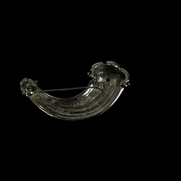 Vintage Cornucopia Style Silver Tone Brooch w/ Gold and Black Enamel Highlights - Picture 4 of 6
